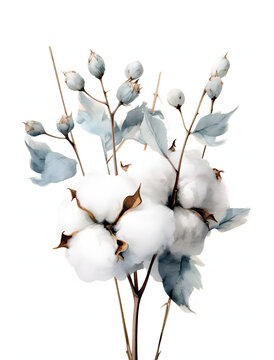 Watercolor illustration of cotton bolls on branches, featuring fluffy white cotton and muted blue leaves, symbolizing softness and natural elegance