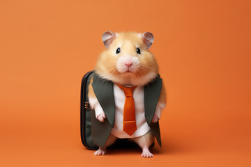 Cute hamster dressed in an office worker's suit, with tie and suitcase, isolated on a flat orange background with copy space. Funny hamster. Generative AI professional photo imitation.