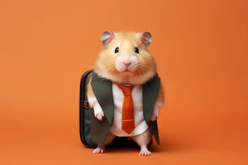 Foto op Plexiglas Cute hamster dressed in an office worker's suit, with tie and suitcase, isolated on a flat orange background with copy space. Funny hamster. Generative AI professional photo imitation. © IndigoElf