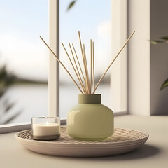 An incense diffuser and a candle on a table top with generative AI Technology