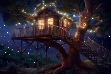 A tree house sitting on an idyllic deck, with lights on a tree deck. blurred treehouse in the woods at night. digital art. AI