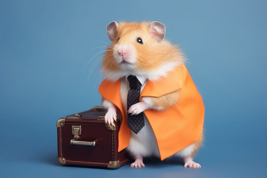 Cute hamster dressed in an office workers suit, with tie and suitcase, isolated on a flat blue background with copy space. Funny hamster. Generative AI professional photo imitation.