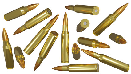 Realistic rifle bullets in different angles isolated on transparent background. Ammo concept. 3D render - obrazy, fototapety, plakaty
