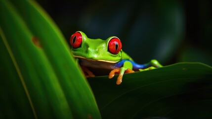 Obraz premium An up-close view of the Red-eyed Tree Frog's remarkable skin texture, showcasing its intricate patterns and vibrant hues