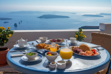 Breakfast on the veranda of the hotel with a magnificent view of the Greek island and the sea. AI - obrazy, fototapety, plakaty