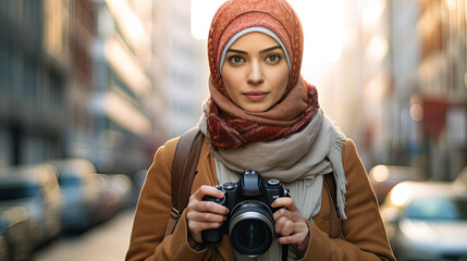 The Beauty of Diversity: A Muslim Hipster Girl Traveler Capturing City Life with a Camera, generative ai