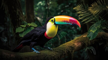 Obraz premium With its piercing gaze and expressive eyes, a close-up of a toucan exudes wisdom and curiosity