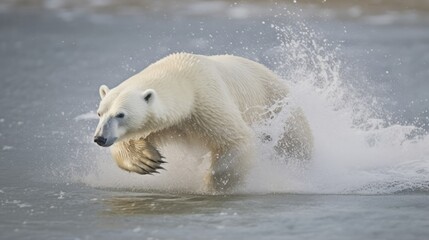 Obraz na płótnie Canvas A magnificent sight unfolds as the polar bear surfs the waves with elegance