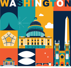 Typography word "Washington" branding technology concept. Collection of flat vector icons, culture travel set famous architectural specialties detailed silhouette. American landmark video split screen