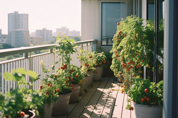 Obraz premium Flowers in pots on the balcony. Garden on the balcony. Generative AI