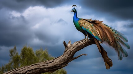 Graceful and proud, the peacock displays its magnificent tail feathers