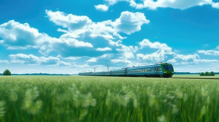Fototapeta na wymiar The Beauty of Eco-Friendly Travel: An Electric Train Moving Through a Scenic Greenery . The Power of Clean Energy: An Electric Train Moving Through a Lush Green Landscape