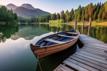 Fototapeta na wymiar Wooden boat parked next to a old wooden dock at evening with mountains on background. Reflection of the forest in the green water. Beautiful sunny day. AI