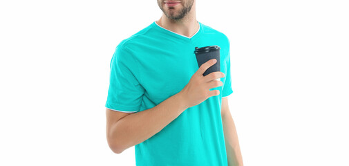 guy with coffee in studio. cropped photo of guy with coffee. guy with coffee