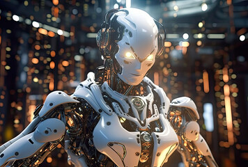 Cyborg, ai and alien robot on mockup in futuristic technology, generative ai
