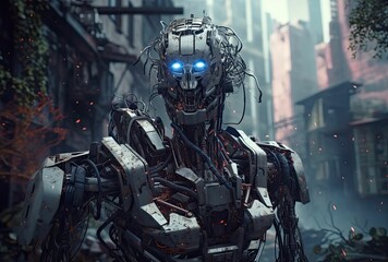 Fototapeta na wymiar Cyborg, ai and alien robot on mockup in futuristic technology, generative ai