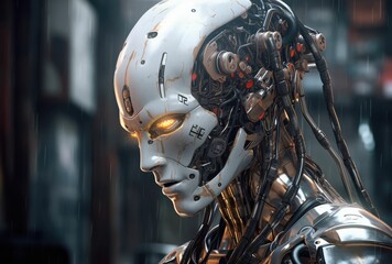 Fototapeta premium Cyborg, ai and alien robot on mockup in futuristic technology, generative ai