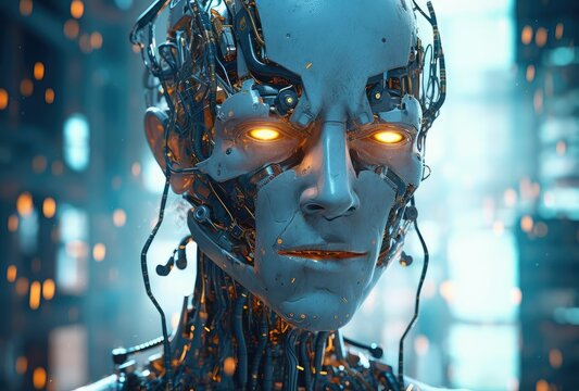 Cyborg, ai and alien robot on mockup in futuristic technology, generative ai