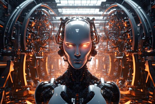 Cyborg, ai and alien robot on mockup in futuristic technology, generative ai