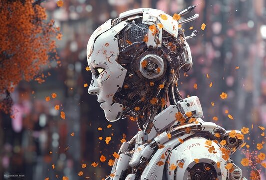Cyborg, ai and alien robot on mockup in futuristic technology, generative ai