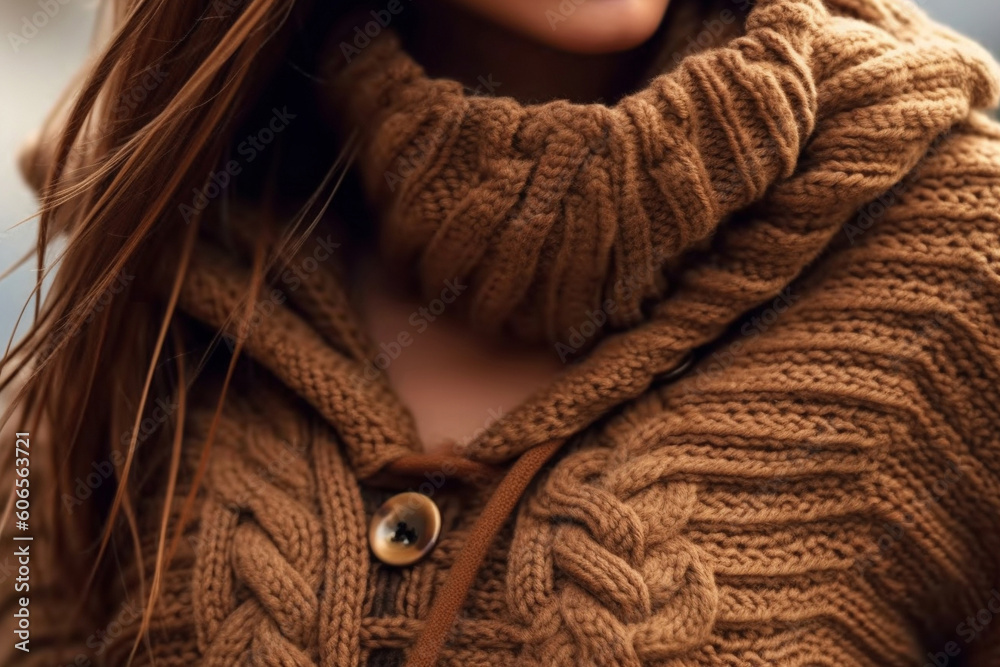 Wall mural Close up details of brown knitted woolen sweater with button. Autumn vibes, winter fashion concept - Wall murals