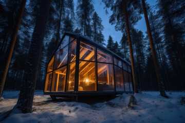 Glass lodge in the forest at blue hour. a glass cabin or cottage in the woods at night. AI