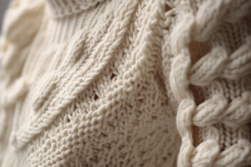 Close up macro details of beige knitted woolen sweater. Minimal style and pastel tone. Autumn winter fashion concept
