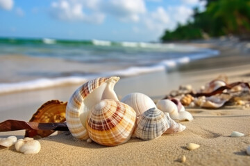 Fototapeta na wymiar Landscape with shells on tropical beach, sea snail. AI
