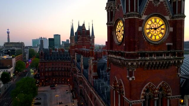 Aerial footage of the Clock tower of St Pancras train station in London, England, UK
