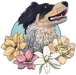 Illustration of Australian shepherd surrounded by flowers, transparent background