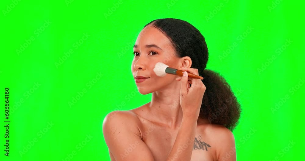 Canvas Prints Makeup, brush and happy woman in green screen studio for cosmetic, foundation and blush on mockup background. Smile, powder and skincare by female model with beauty, tool and cheek contour routine