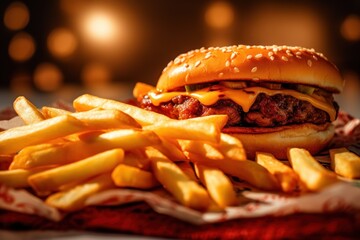fried fries with burger and sparkling water Cinematic Editorial Food Photography - obrazy, fototapety, plakaty