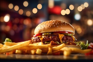 fried fries with burger and sparkling water Cinematic Editorial Food Photography - obrazy, fototapety, plakaty