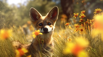 Generative Ai image of a cute fox surrounded by a field of flowers