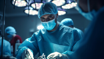 Male portrait of a surgeon and doctor in the operating room at work. A professor of doctoral sciences performs an operation against the backdrop of a hospital. Created with AI. - obrazy, fototapety, plakaty