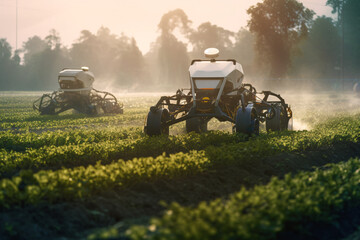 Autonomous robot working in the field. Smart farming and digital transformation in agriculture. Generative AI