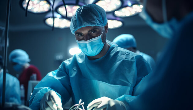 Male portrait of a surgeon and doctor in the operating room at work. A professor of doctoral sciences performs an operation against the backdrop of a hospital. Created with AI.