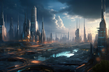 futuristic city filled with lots of tall buildings,  fantasy sci - fi city, generative ai 
