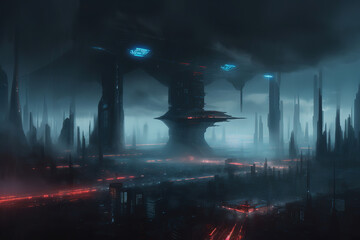 futuristic city on a dark night, cyberpunk, generative ai 