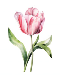 Watercolor Tulip with leaves and a stem isolated on white background