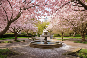 garden of pink cherry blossom trees with a fountain in the center, generative ai 