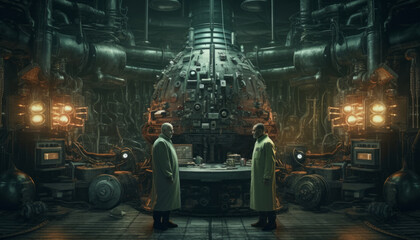 Naklejka na ściany i meble Two engineers work on a nuclear power plant, an innovative steampunk lab. Created with AI.