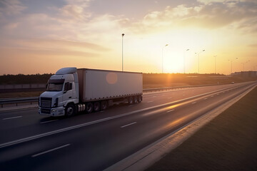 Obraz na płótnie Canvas Logistics import export and cargo transportation industry concept of Container Truck run on highway road at sunset blue sky background, generative ai 