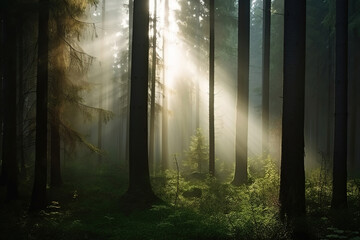 Fototapeta premium Natural Forest of Spruce Trees, Sunbeams through Fog create mystic Atmosphere, generative ai 
