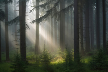 Fototapeta na wymiar Natural Forest of Spruce Trees, Sunbeams through Fog create mystic Atmosphere, generative ai 