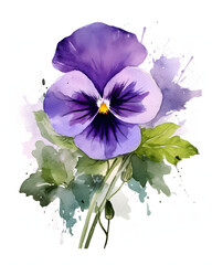 Watercolor Pansy flower with leaves isolated on white