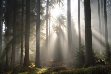Natural Forest of Spruce Trees, Sunbeams through Fog create mystic Atmosphere, generative ai 
