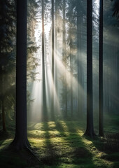 Natural Forest of Spruce Trees, Sunbeams through Fog create mystic Atmosphere, generative ai 