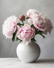 Pink Peonies in a White Vase on a Light Gray Background, generative ai 