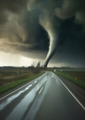 Powerful Tornado On Road In Stormy Landscape , generative ai 